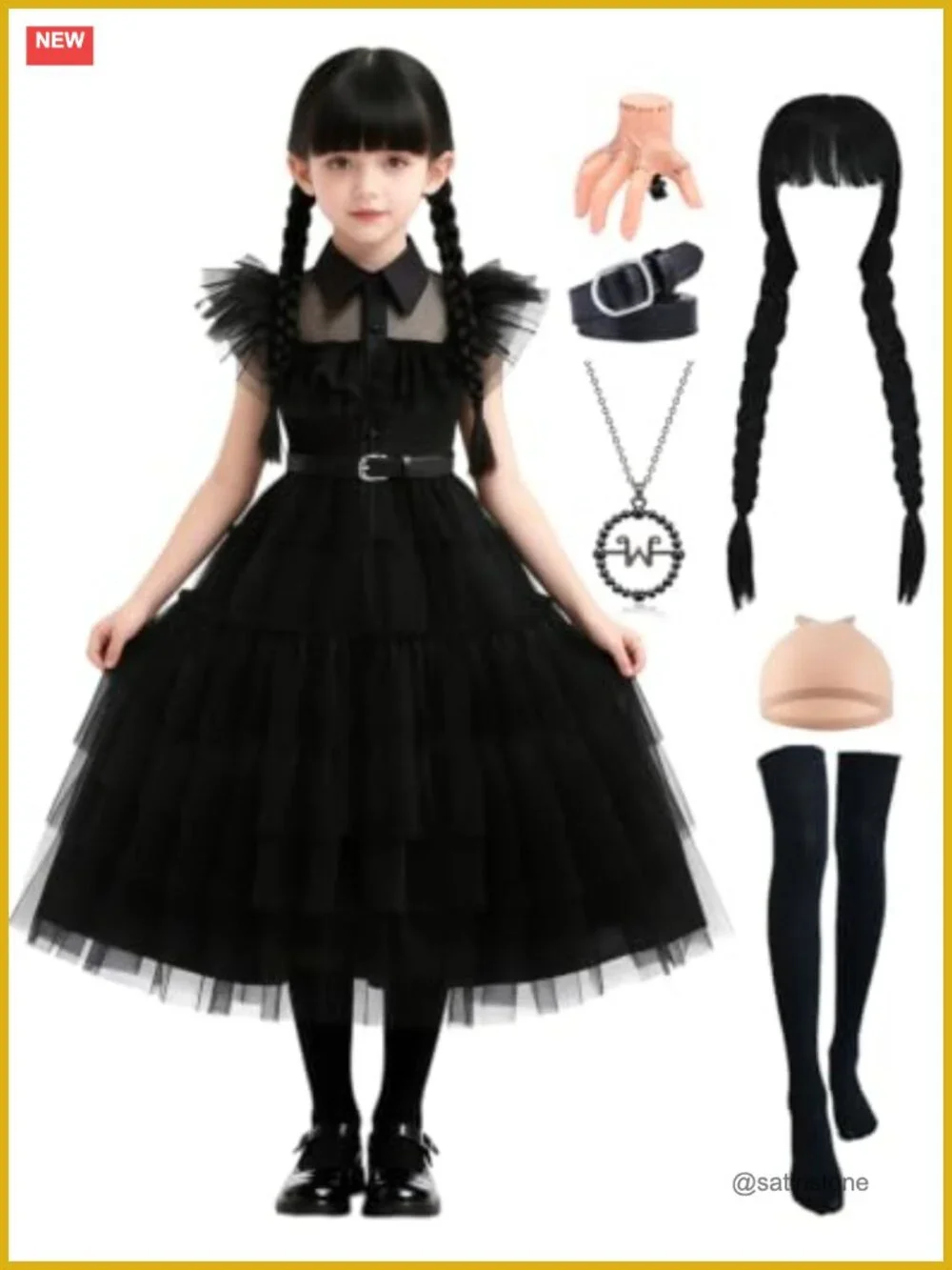 Girls Gothic Halloween Costume Dress with Wig, Belt, Socks, Necklace Set